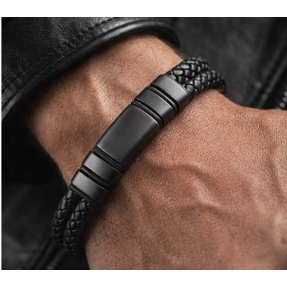 Forge & Foundry Men's Black Braided Leather Bracelet Magnetic Clasp XL New - Picture 2 of 3